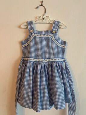 Vintage Blue Gingham Handmade Pinafore Dress with Floral Trim